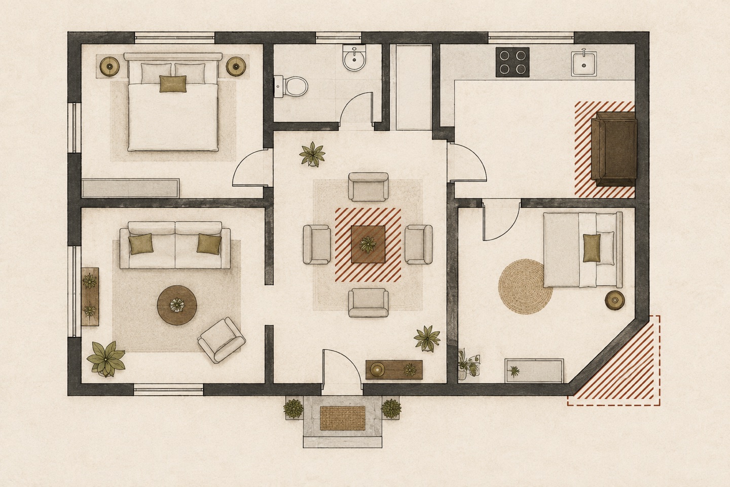 A floor plan with a blocked center, a cut corner, and a heavy object marked with red hatching